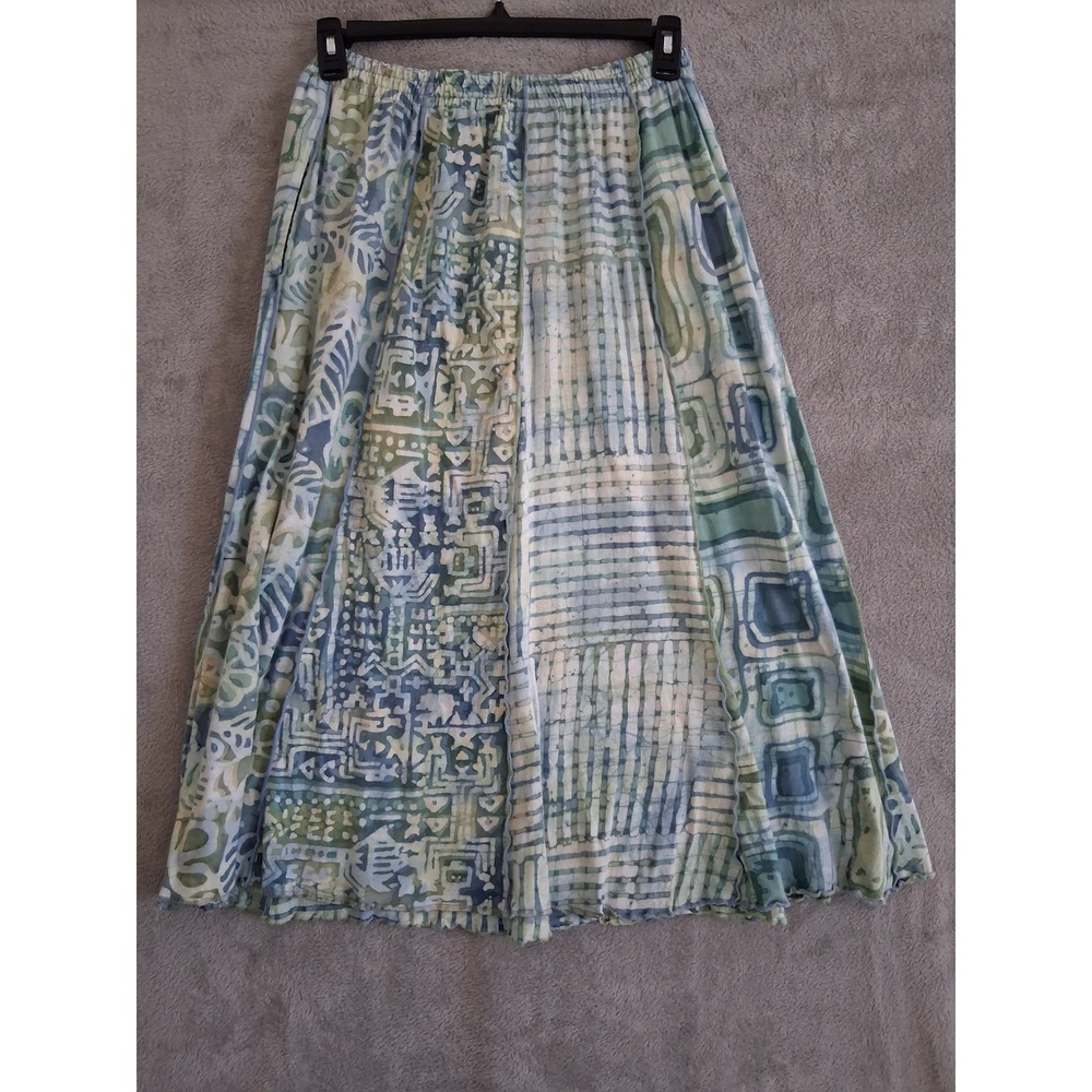 Winter Sun Batik Midi Skirt Earthy Artsy Boho Blue Green Cotton Pockets A-Line